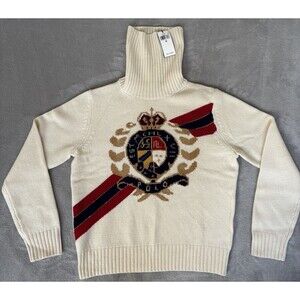 Polo Ralph Lauren Intarsia Crest Wool Turtleneck Sweater Medium White $498 MSRP